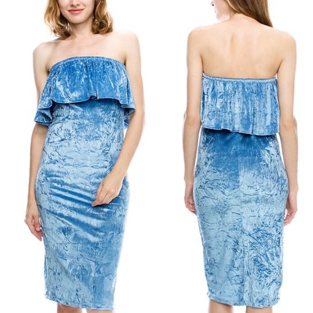 Mono B Blue Strapless Flounce Velvet Bodycon Dress - Picture 2 of 10